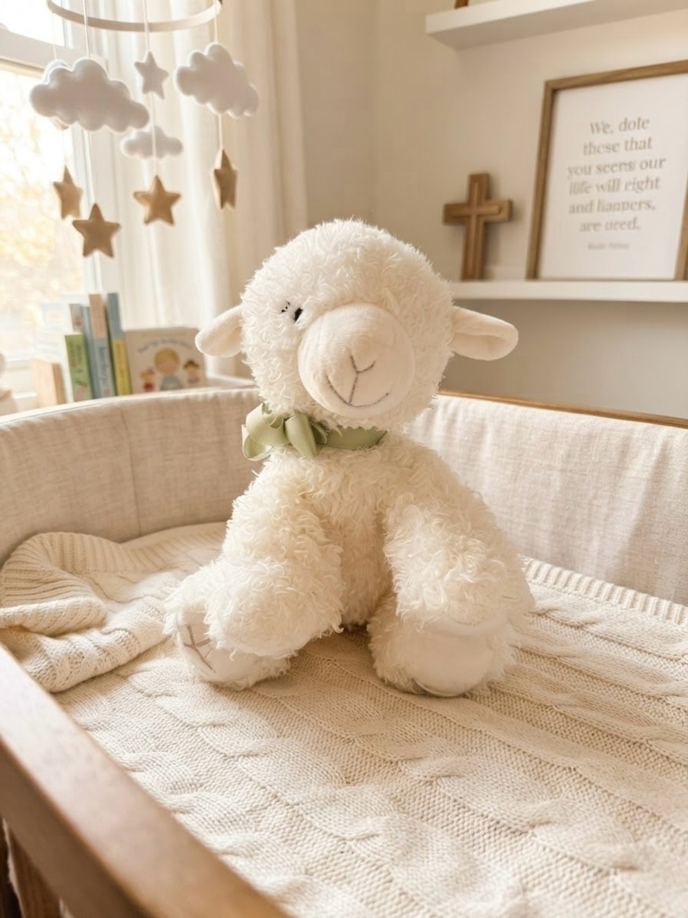 Hallmark White Curly Plush Lamb Stuffed Animal Green Bow Embroidered Cross 10"